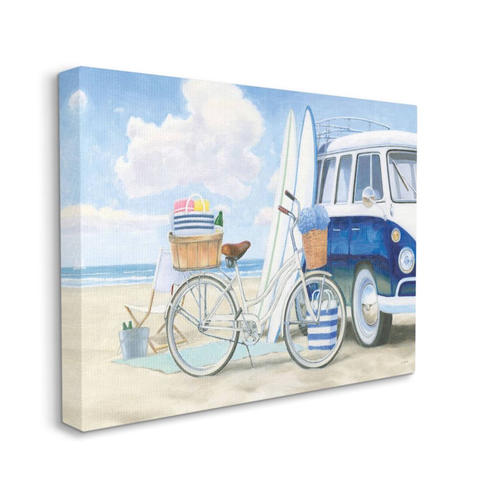 Stupell Industries Bike and Van Beach Nautical Blue White Painting Canvas Wall Art
